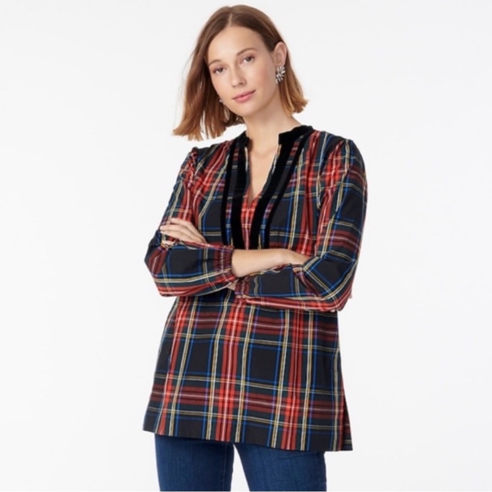 J Crew Tartan Plaid Tunic Velvet Trim Top EUC
